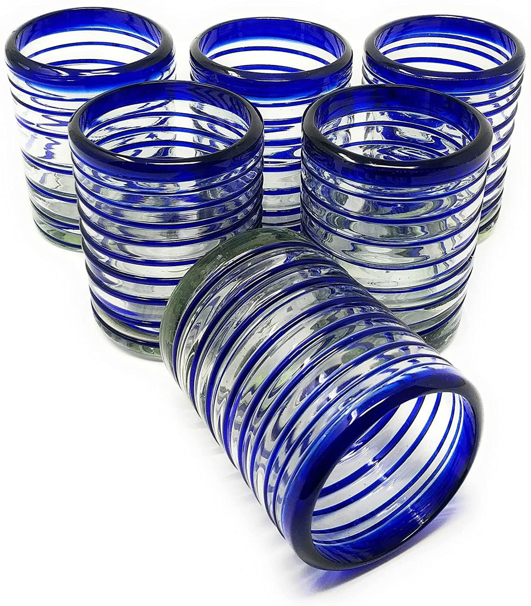 Hand Blown Mexican Drinking Glasses – Set of 6 Tumbler Glasses with Blue Spiral Design (10 oz each) - Dos Sueños