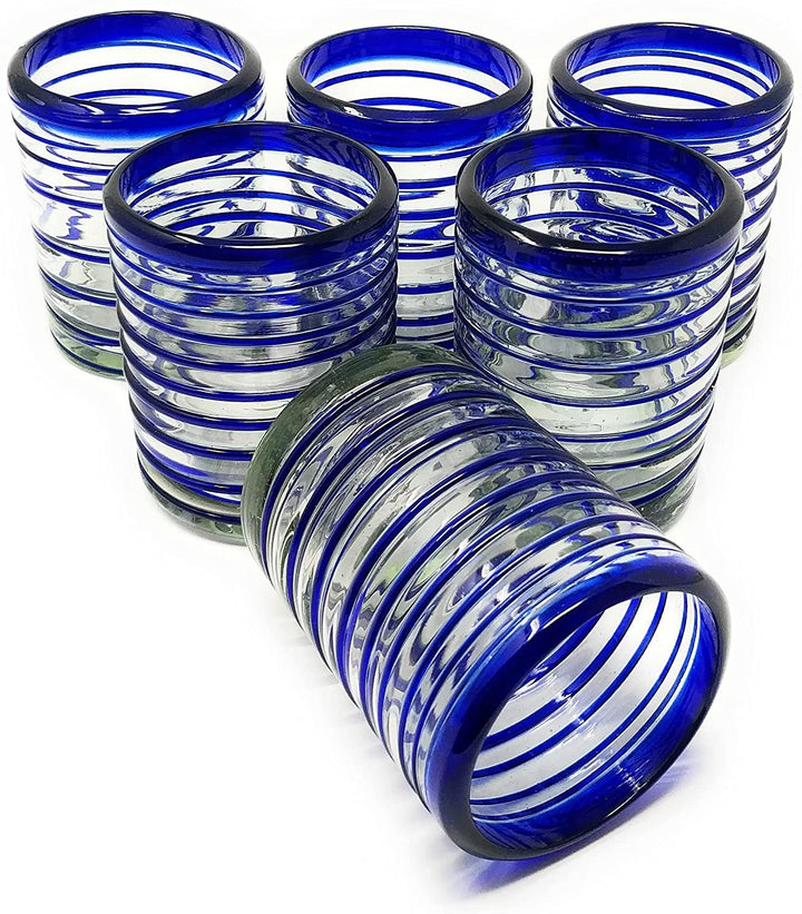 Hand Blown Mexican Drinking Glasses – Set of 6 Tumbler Glasses with Blue Spiral Design (10 oz each) - Dos Sueños