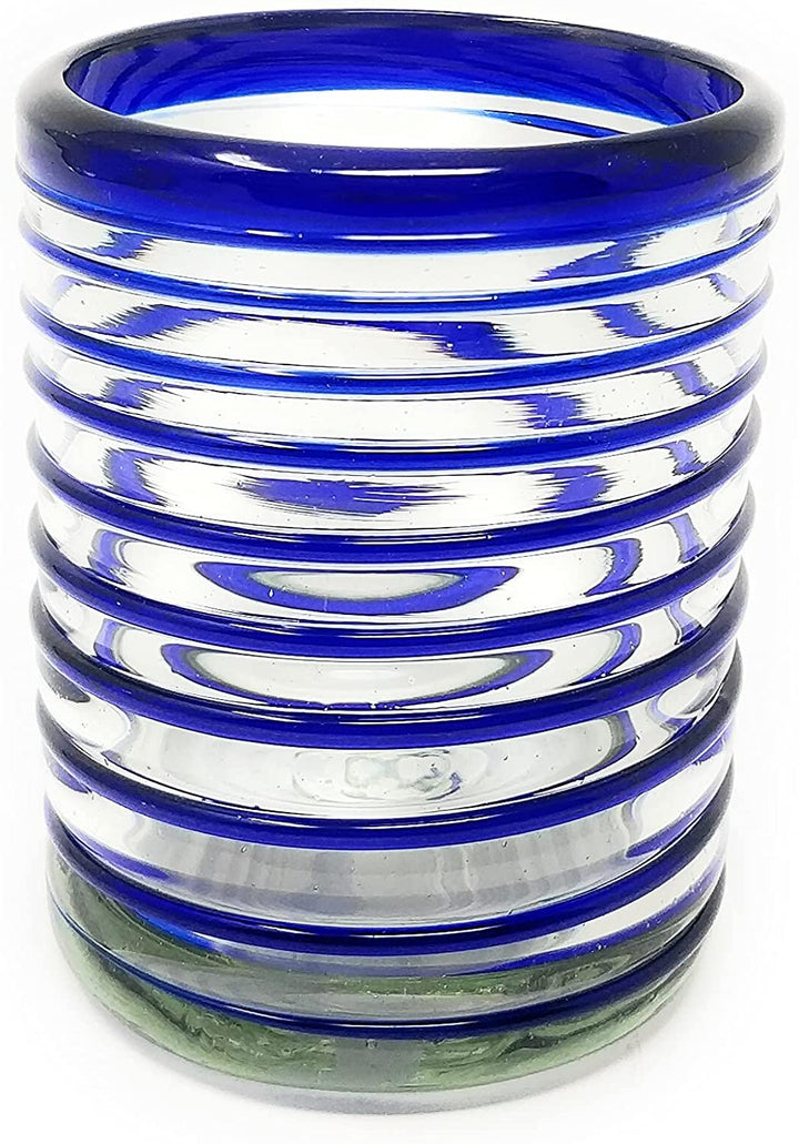Hand Blown Mexican Drinking Glasses – Set of 6 Tumbler Glasses with Blue Spiral Design (10 oz each) - Dos Sueños