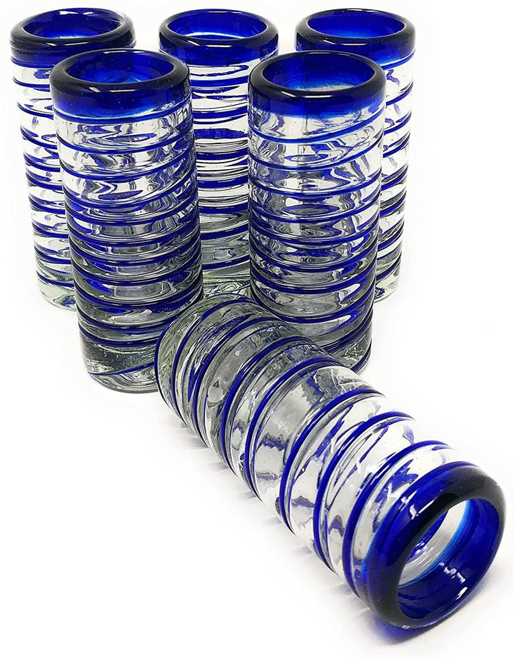 Hand Blown Mexican Tequila Shot Glasses – Set of 6 Blue Spiral Tequila Shot Glasses (2 oz each) - Dos Sueños