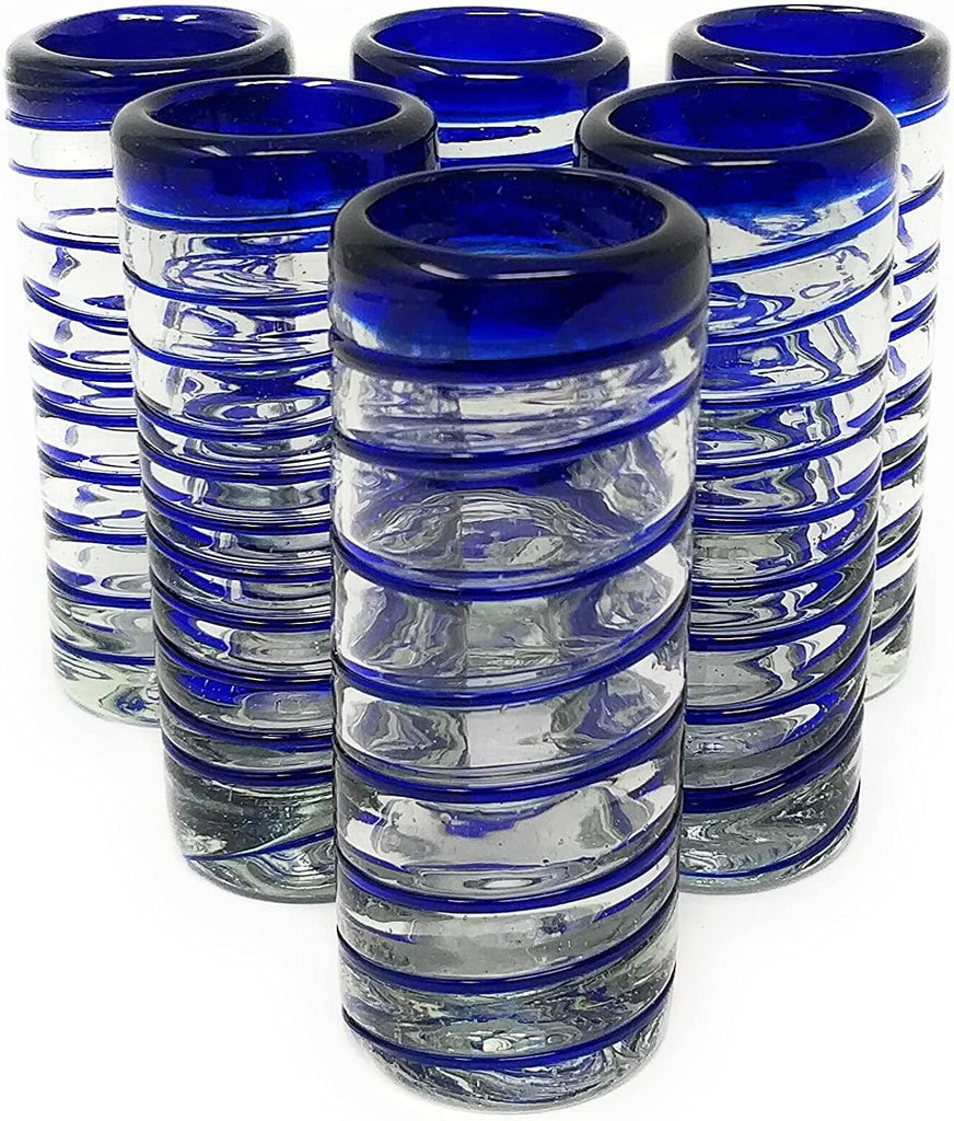 Set of 6 Hand Blown Mexican Double Shot Glasses, 2oz Cobalt Blue Rim Tequila Sipping Set, Size: One Size