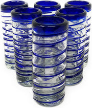 Hand Blown Mexican Tequila Shot Glasses – Set of 6 Blue Spiral Tequila Shot Glasses (2 oz each) - Dos Sueños