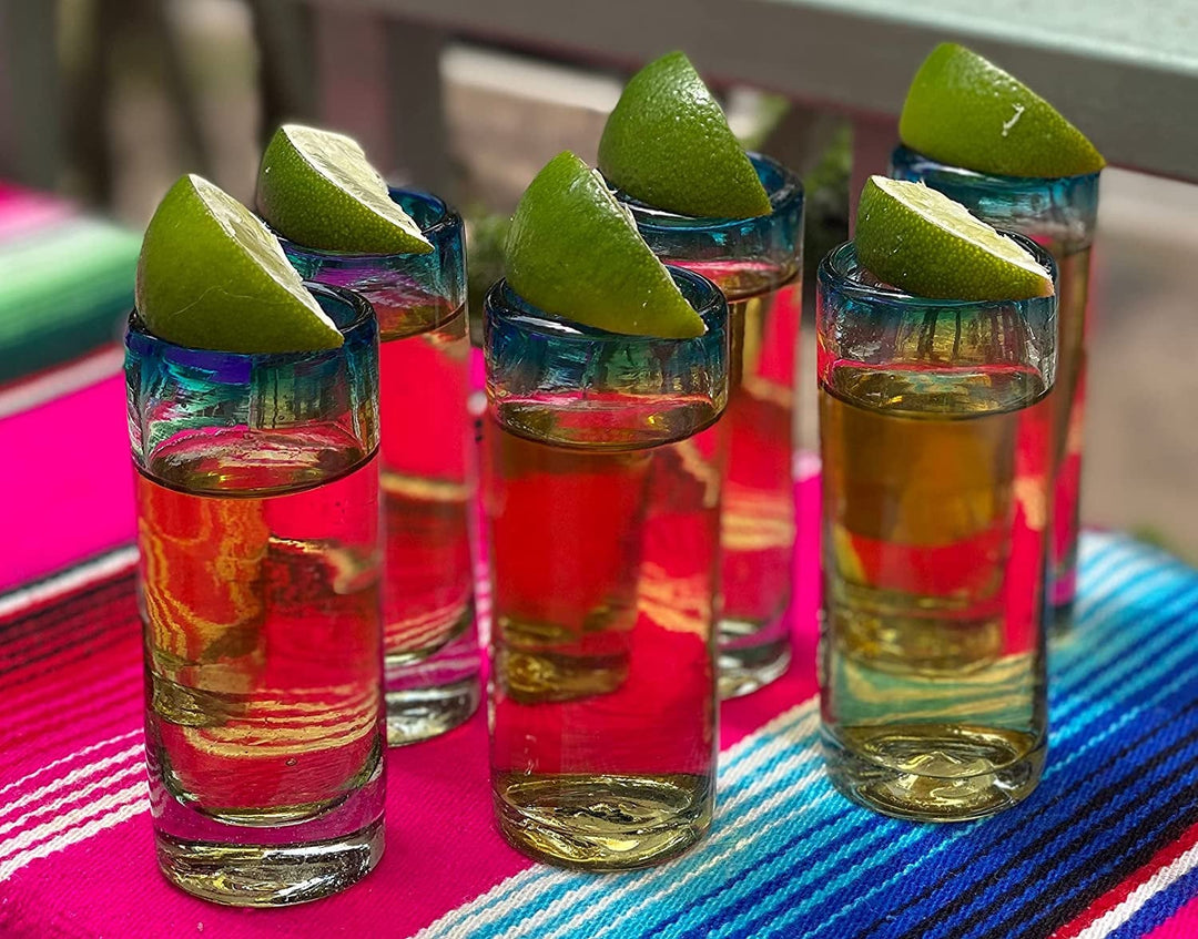 Hand Blown Mexican Tequila Shot Glasses – Set of 6 Aqua Rim Tequila Shot Glasses (2 oz each) - Dos Sueños