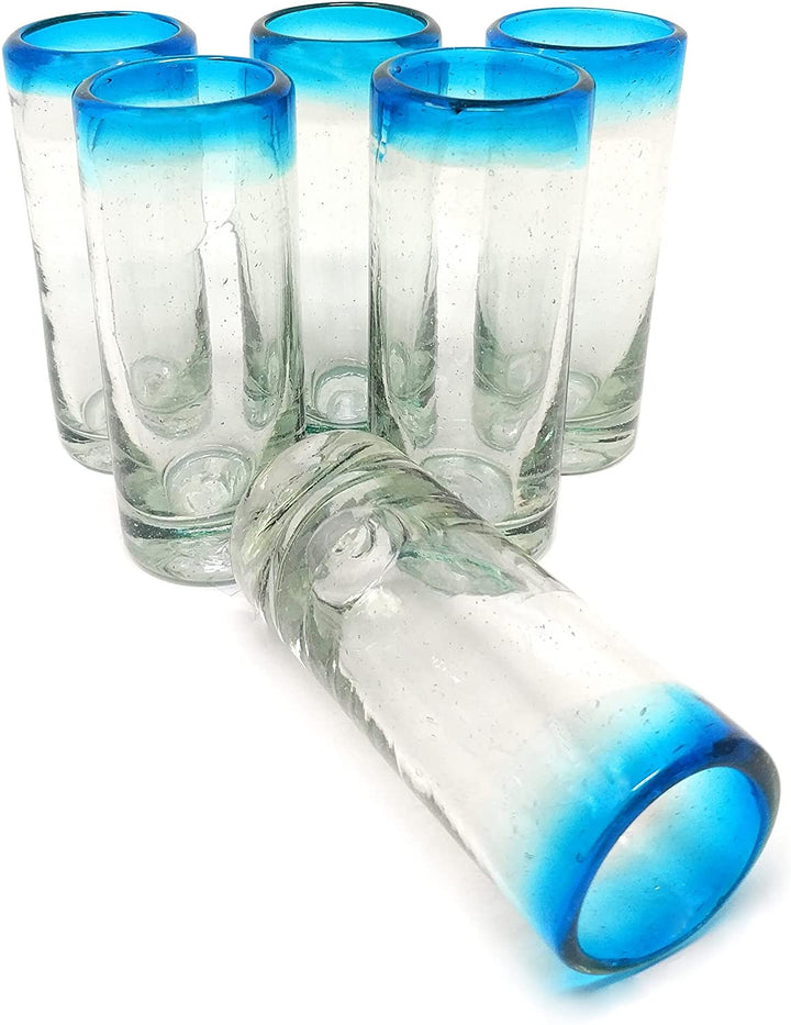 Hand Blown Mexican Tequila Shot Glasses – Set of 6 Aqua Rim Tequila Shot Glasses (2 oz each) - Dos Sueños