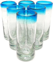 Hand Blown Mexican Tequila Shot Glasses – Set of 6 Aqua Rim Tequila Shot Glasses (2 oz each) - Dos Sueños