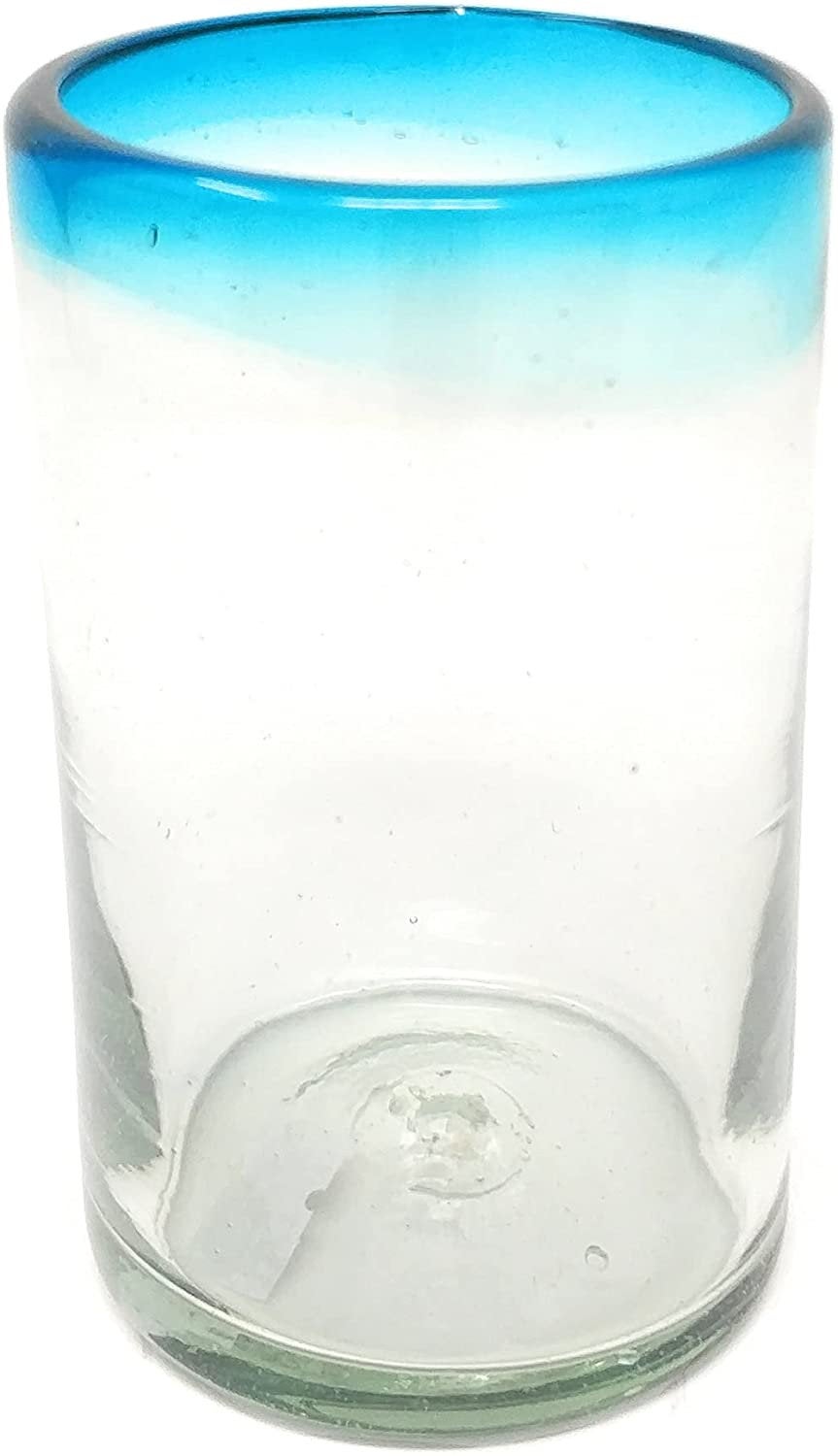 Hand Blown Mexican Drinking Glasses – Set of 6 Glasses with Aqua Rims (14 oz each) - Dos Sueños