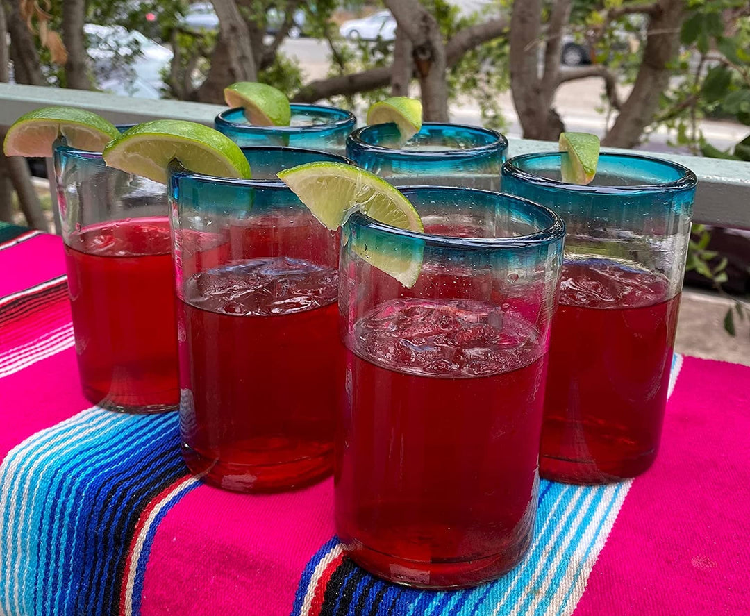 Hand Blown Mexican Drinking Glasses – Set of 6 Glasses with Aqua Rims (14 oz each) - Dos Sueños