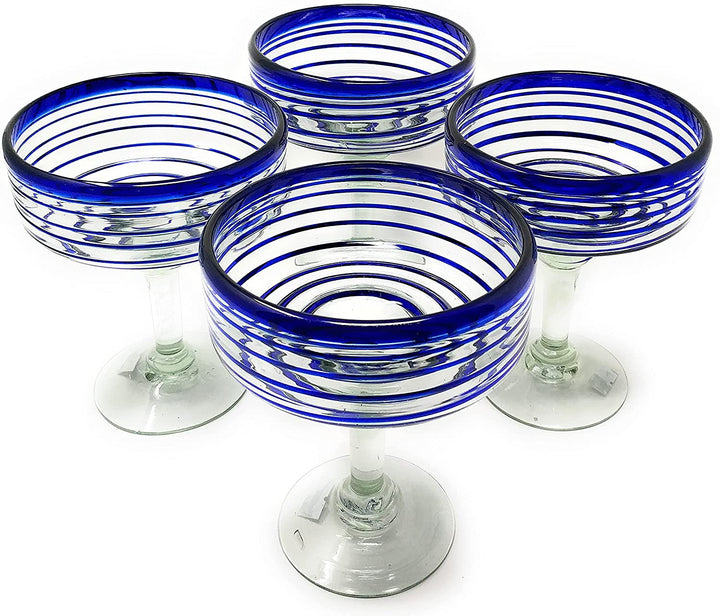 Mexican Hand Blown Glass – Set of 4 Hand Blown Margarita Glasses (16 oz) with Blue Spiral Design - Dos Sueños