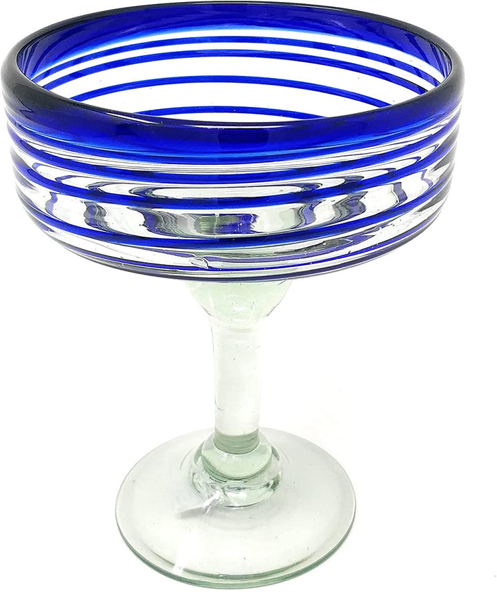Mexican Hand Blown Glass – Set of 4 Hand Blown Margarita Glasses (16 oz) with Blue Spiral Design - Dos Sueños