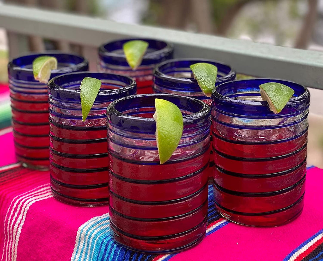 Hand Blown Mexican Drinking Glasses – Set of 6 Tumbler Glasses with Blue Spiral Design (10 oz each) - Dos Sueños