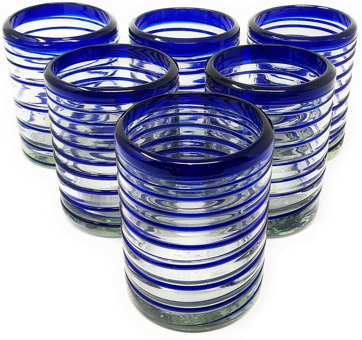 Hand Blown Mexican Drinking Glasses – Set of 6 Tumbler Glasses with Blue Spiral Design (10 oz each) - Dos Sueños
