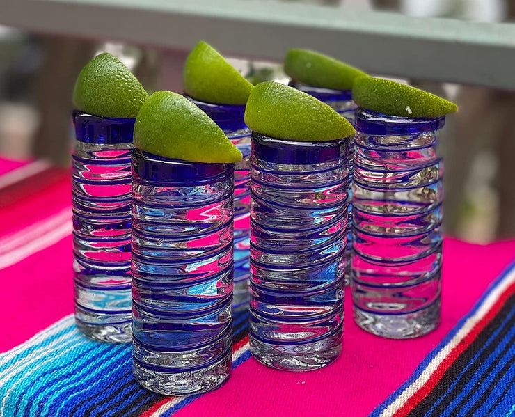 Hand Blown Mexican Tequila Shot Glasses – Set of 6 Blue Spiral Tequila Shot Glasses (2 oz each) - Dos Sueños