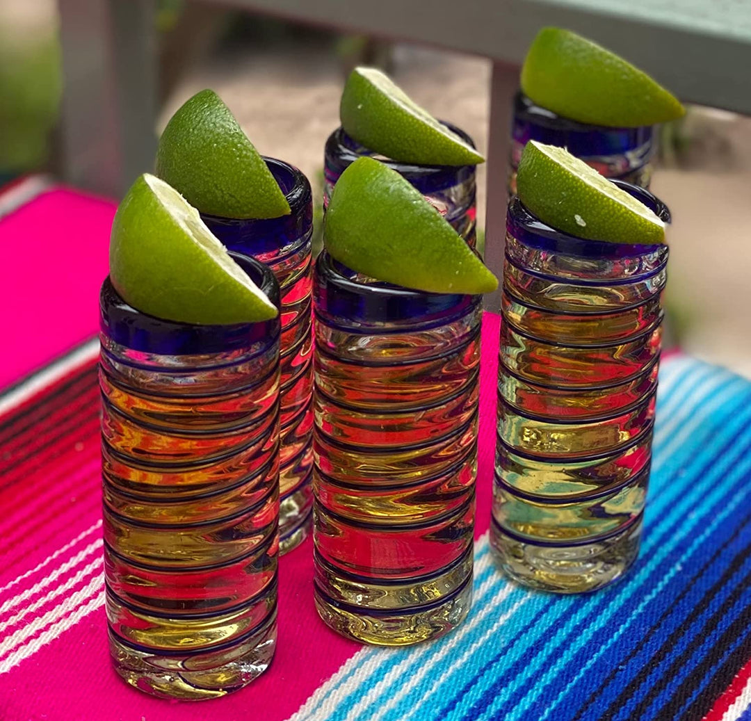 Hand Blown Mexican Tequila Shot Glasses – Set of 6 Blue Spiral Tequila Shot Glasses (2 oz each) - Dos Sueños