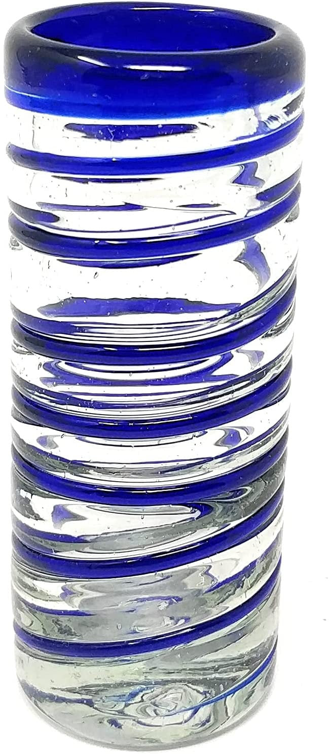 Hand Blown Mexican Tequila Shot Glasses – Set of 6 Blue Spiral Tequila Shot Glasses (2 oz each) - Dos Sueños