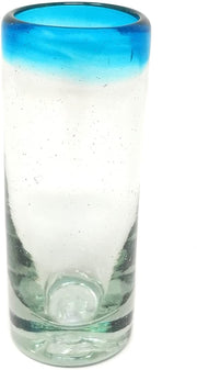 Hand Blown Mexican Tequila Shot Glasses – Set of 6 Aqua Rim Tequila Shot Glasses (2 oz each) - Dos Sueños
