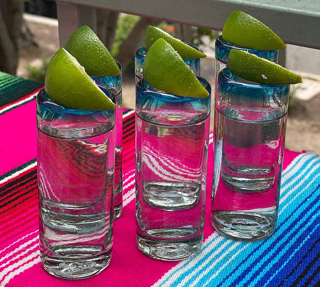 Hand Blown Mexican Tequila Shot Glasses – Set of 6 Aqua Rim Tequila Shot Glasses (2 oz each) - Dos Sueños