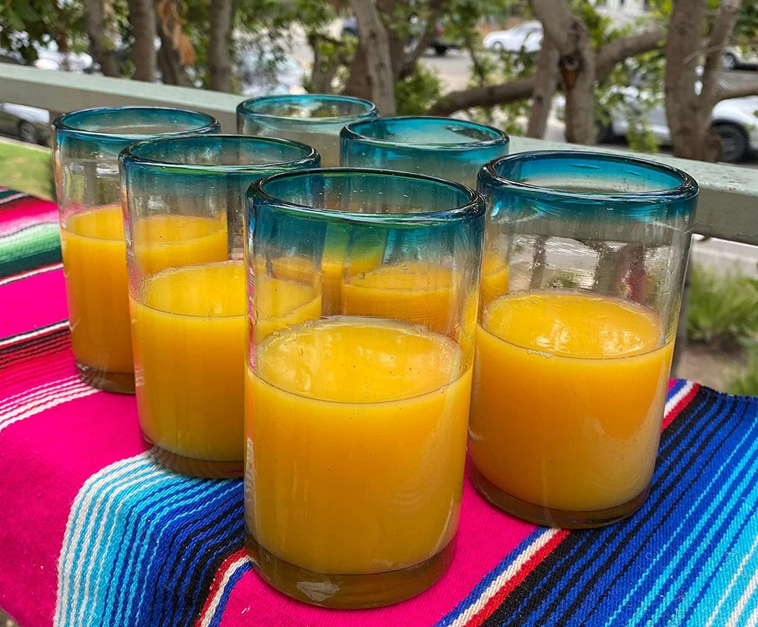 Hand Blown Mexican Drinking Glasses – Set of 6 Glasses with Aqua Rims (14 oz each) - Dos Sueños
