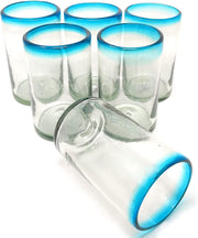 Hand Blown Mexican Drinking Glasses – Set of 6 Glasses with Aqua Rims (14 oz each) - Dos Sueños
