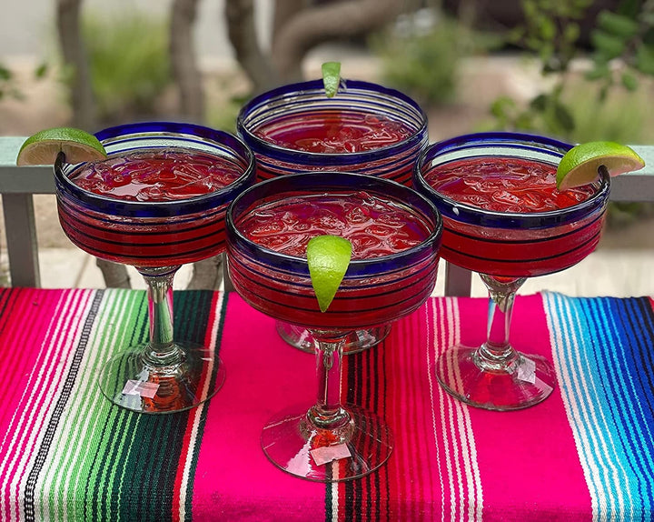 Mexican Hand Blown Glass – Set of 4 Hand Blown Margarita Glasses (16 oz) with Blue Spiral Design - Dos Sueños