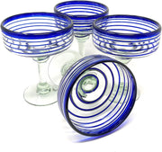 Mexican Hand Blown Glass – Set of 4 Hand Blown Margarita Glasses (16 oz) with Blue Spiral Design - Dos Sueños