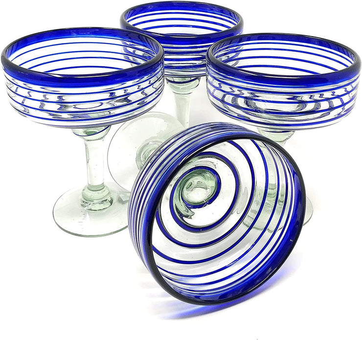 Mexican Hand Blown Glass – Set of 4 Hand Blown Margarita Glasses (16 oz) with Blue Spiral Design - Dos Sueños