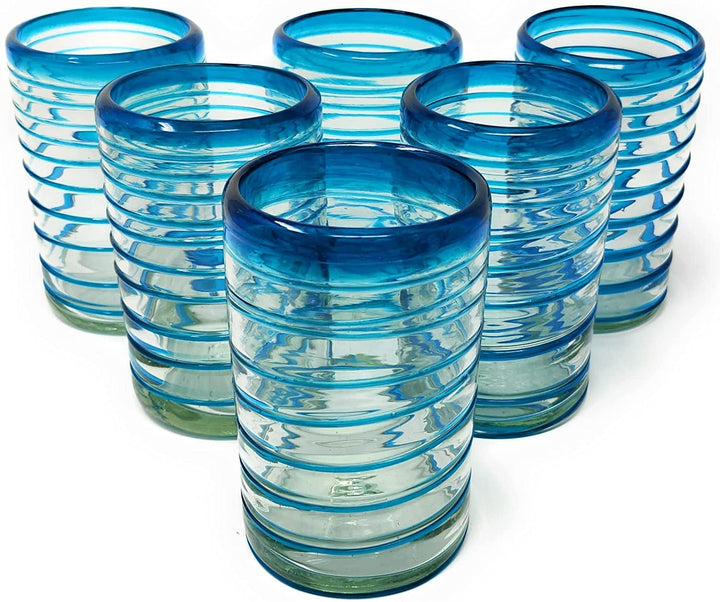 Mundgeblasene mexikanische Trinkgläser – Set aus 6 Gläsern mit Aqua-Spiral-Design (je 14 oz) …