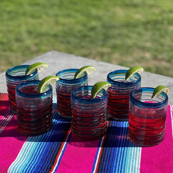 Mundgeblasene mexikanische Trinkgläser – Set aus 6 Trinkgläsern mit Aqua-Spiral-Design (je 274 ml)