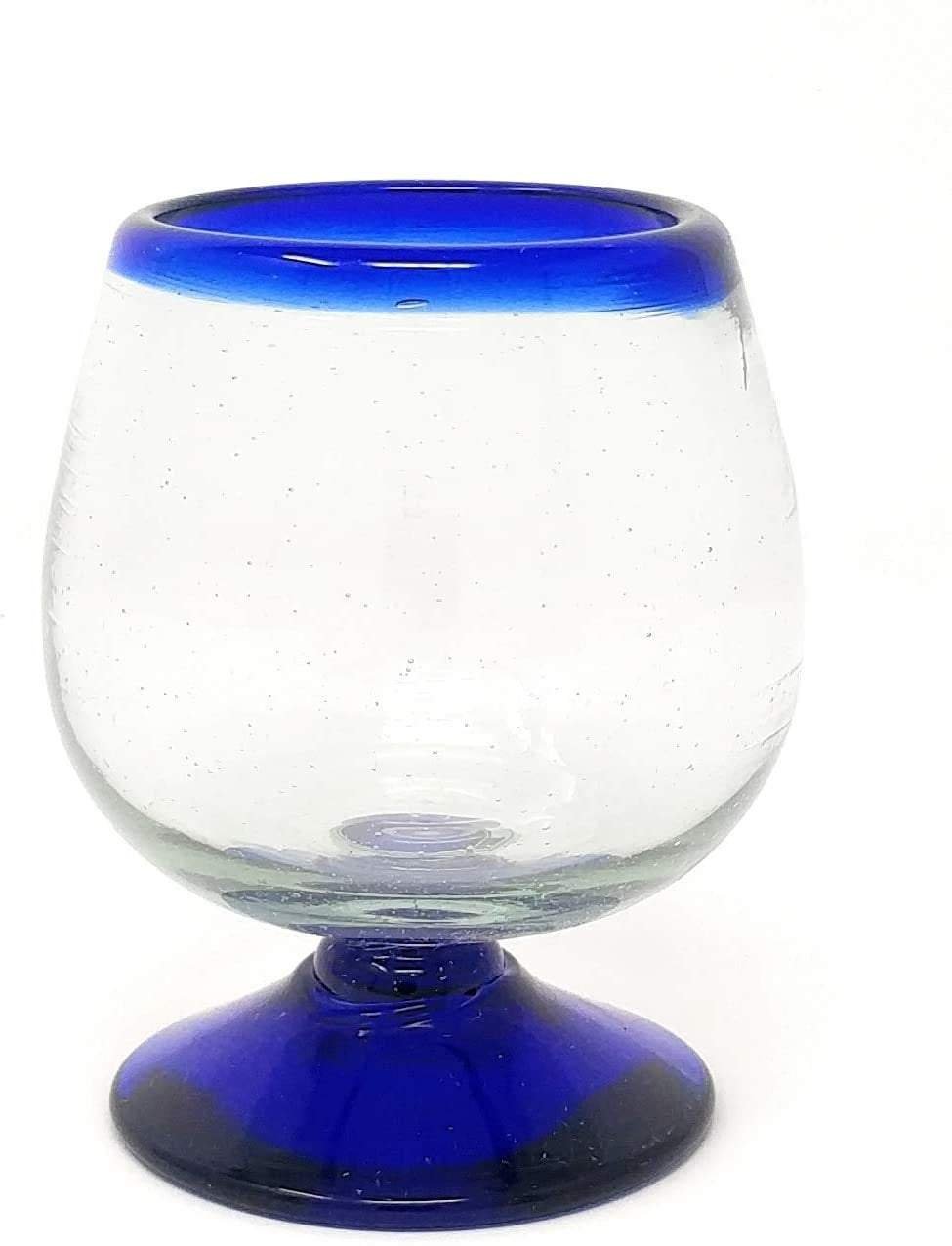 Mexican Hand Blown Glass – Set of 4 Hand Blown Cognac Snifter Glasses - Cobalt Blue Rim - Dos Sueños