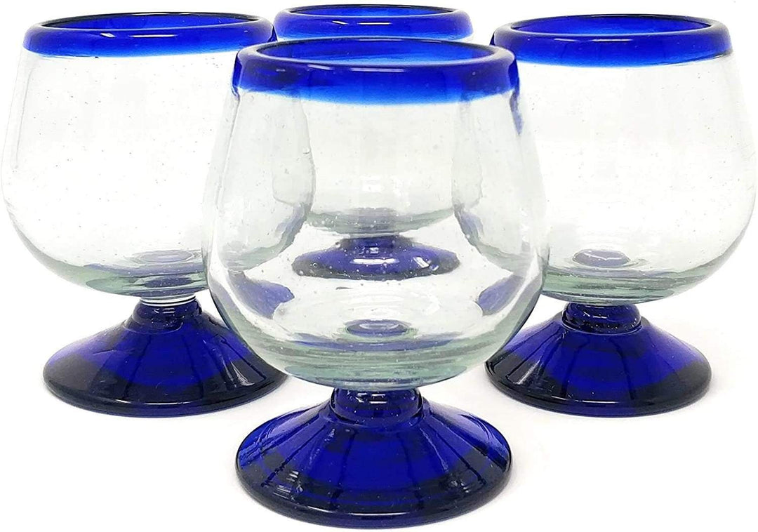 Mexican Hand Blown Glass – Set of 4 Hand Blown Cognac Snifter Glasses - Cobalt Blue Rim - Dos Sueños