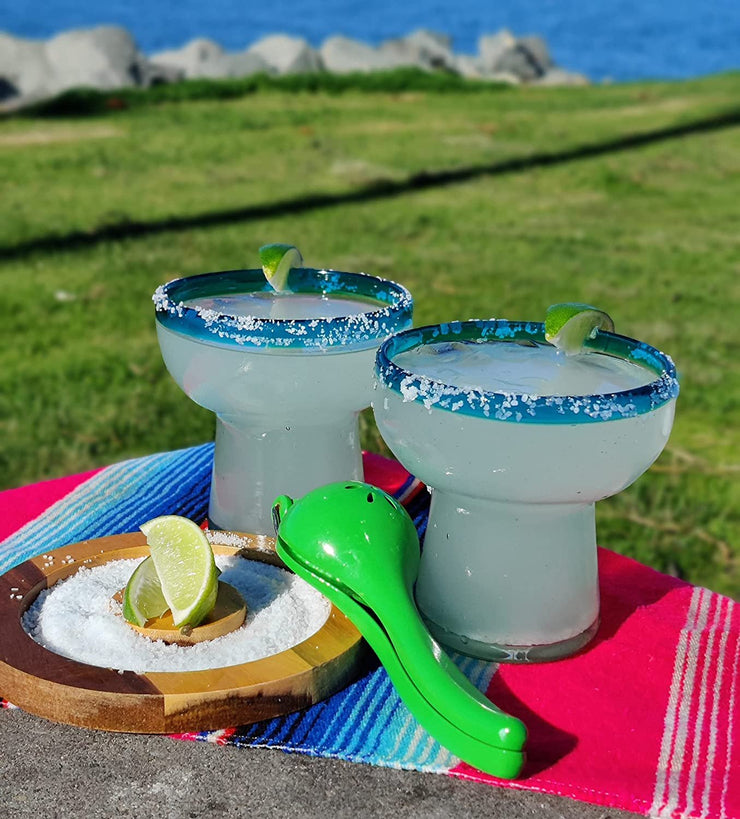 Margarita hand blown glasses in aquamarine with white swirl . – Del Sol/Off  Fourth