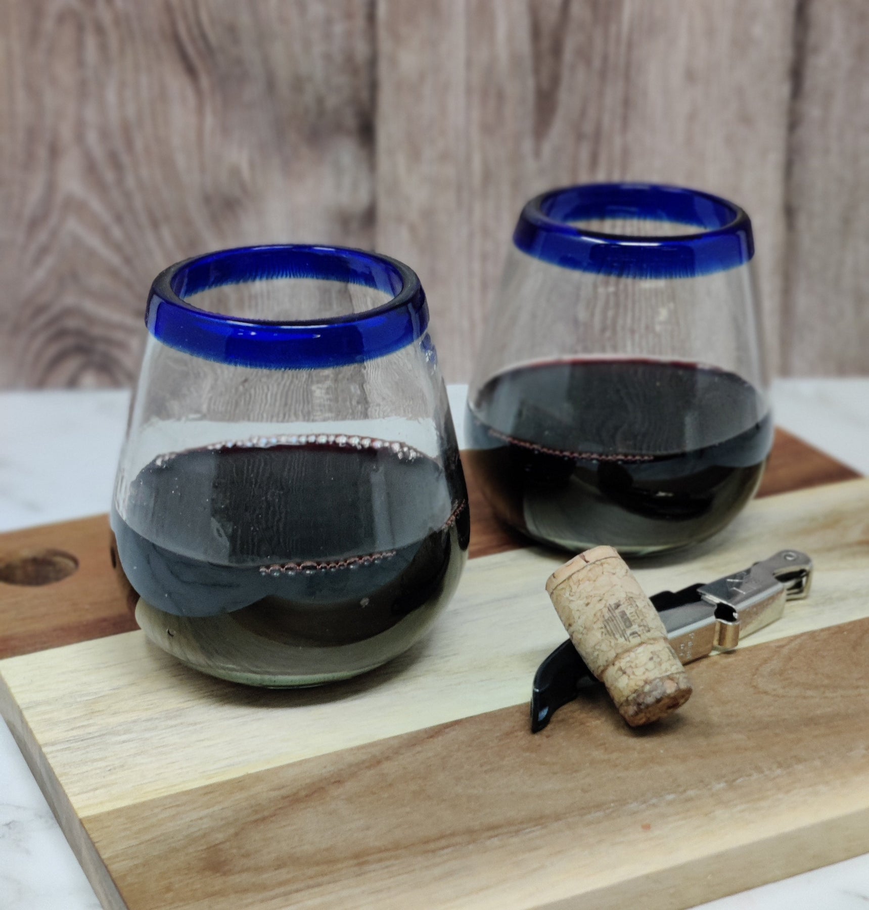 Hand Blown Mexican Stemless Wine Glasses Set of 6 Glasses with Cobal