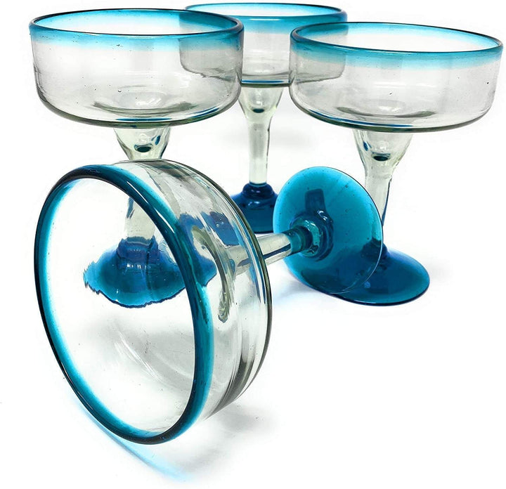 Mexican Hand Blown Glass – Set of 4 Hand Blown Margarita Glasses (16 oz) with Aqua Blue Rims - Dos Sueños