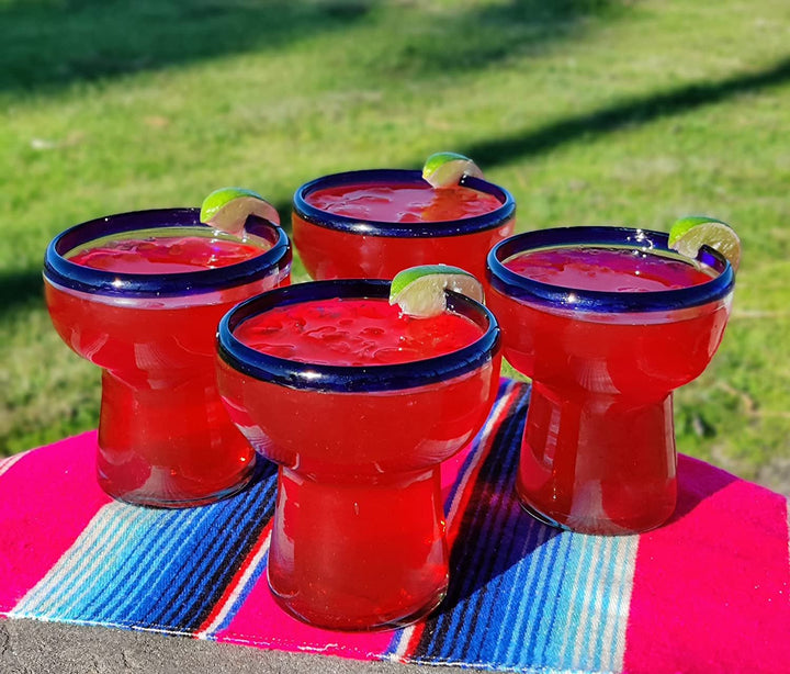 Dos Sueños Mexikanisches mundgeblasenes Glas – Set mit 4 mundgeblasenen, stiellosen Margarita-Gläsern mit blauem Rand (14 Unzen)