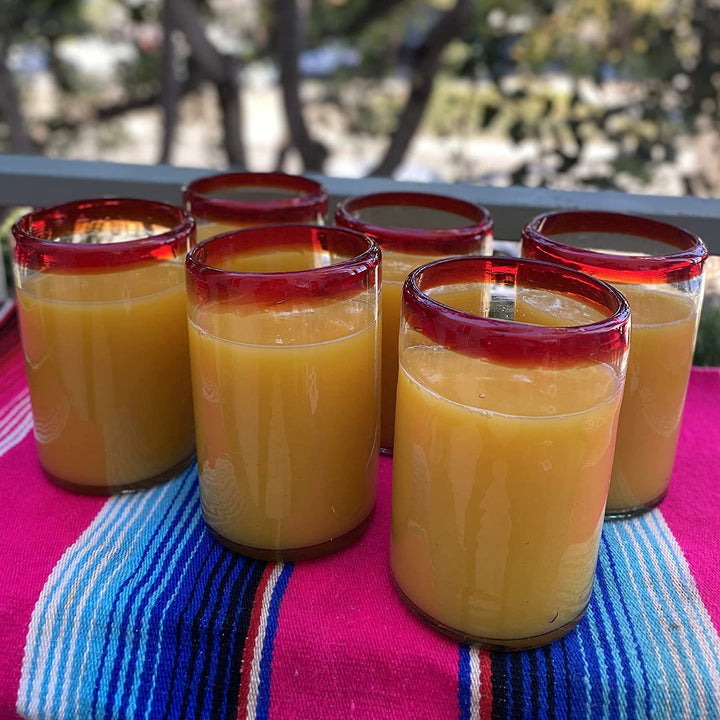 Mundgeblasene mexikanische Trinkgläser – Set mit 6 Gläsern mit rotem Rand (je 360 ​​ml)