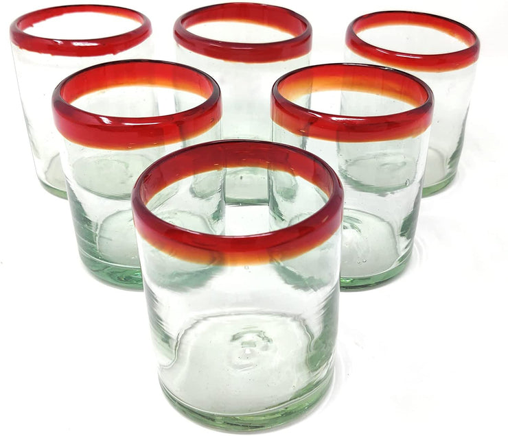 Hand Blown Mexican Drinking Glasses - Set of 6 Tumbler Glasses with Red Rims (10 oz each)
