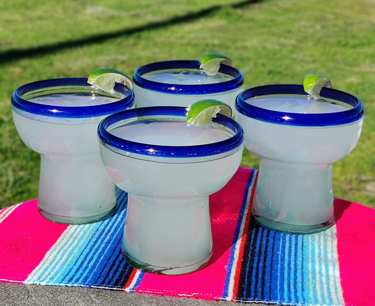 Dos Sueños Mexican Hand Blown Glass – Set of 4 Hand Blown Stemless Blue Rim Margarita Glasses (14oz)