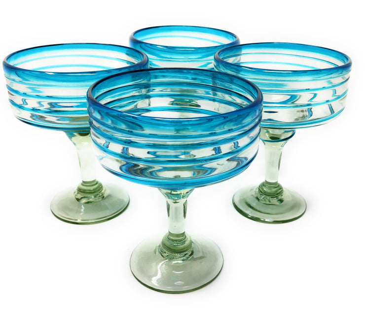 Mexican Hand Blown Glass – Set of 4 Hand Blown Margarita Glasses (16 oz) with Aqua Spiral Design