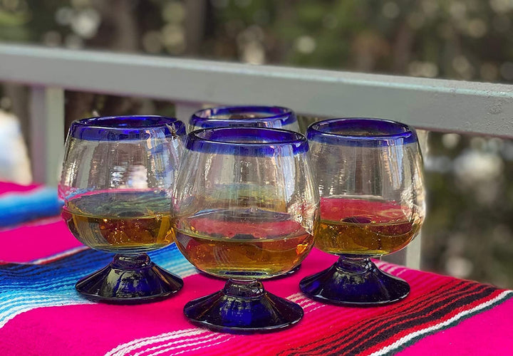 Mexican Hand Blown Glass – Set of 4 Hand Blown Cognac Snifter Glasses - Cobalt Blue Rim - Dos Sueños
