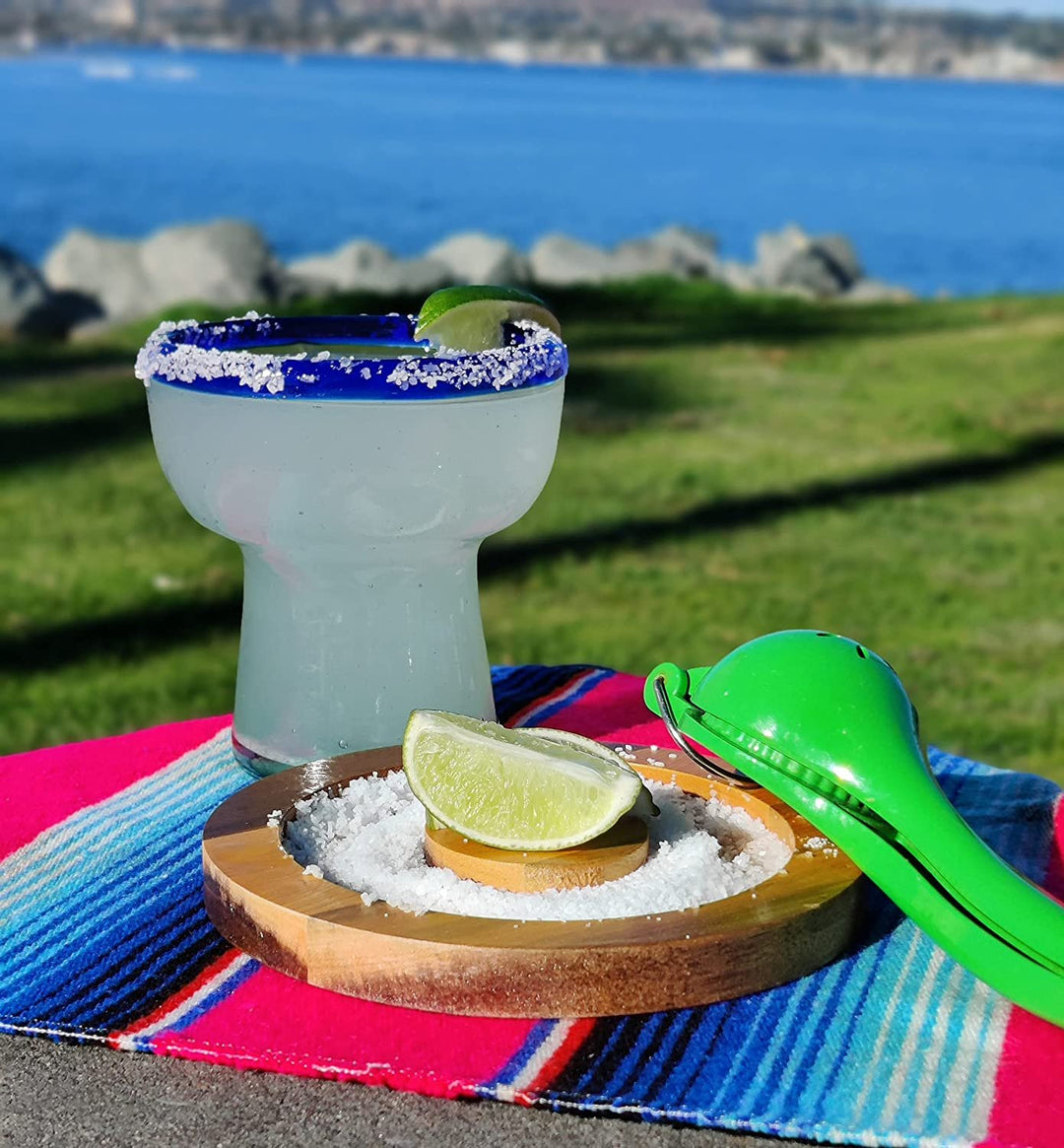 Dos Sueños Mexikanisches mundgeblasenes Glas – Set mit 4 mundgeblasenen, stiellosen Margarita-Gläsern mit blauem Rand (14 Unzen)