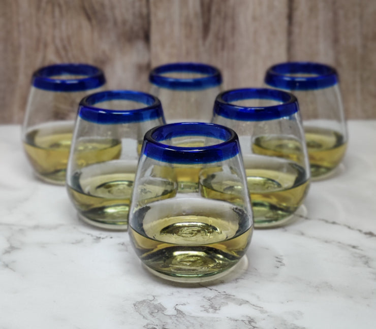 Hand Blown Mexican Stemless Wine Glasses - Set of 6 Glasses with Cobalt Blue Rims (15 oz)