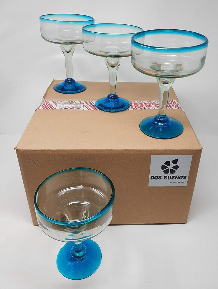 Dos Sueños Mexican Hand Blown Glass – Set of 4 Hand Blown Stemless Aqua Rim Margarita Glasses (14oz)