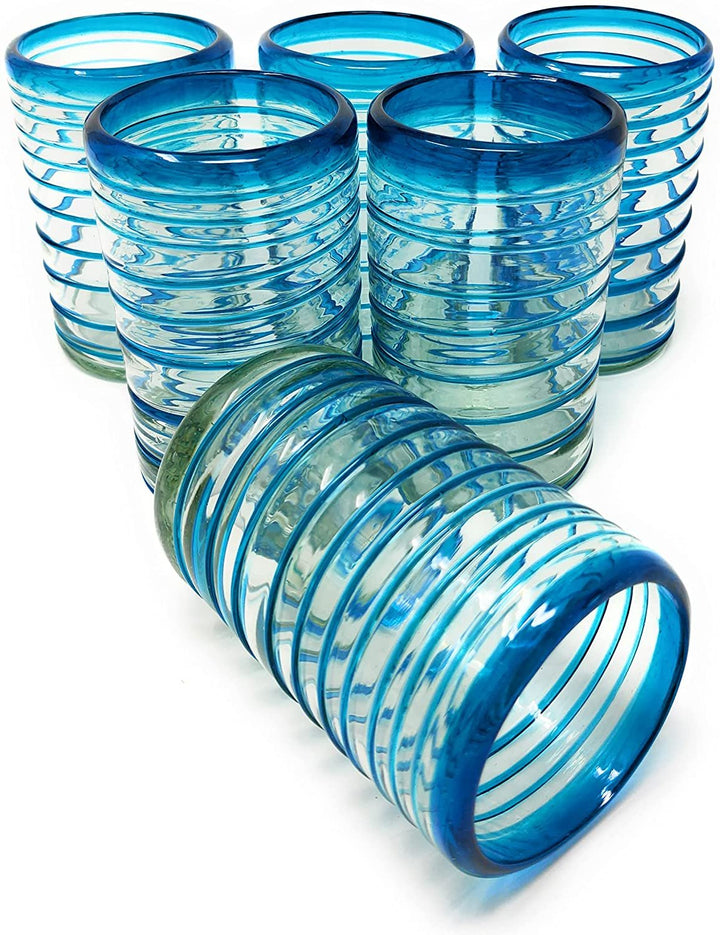 Mundgeblasene mexikanische Trinkgläser – Set aus 6 Gläsern mit Aqua-Spiral-Design (je 14 oz) …