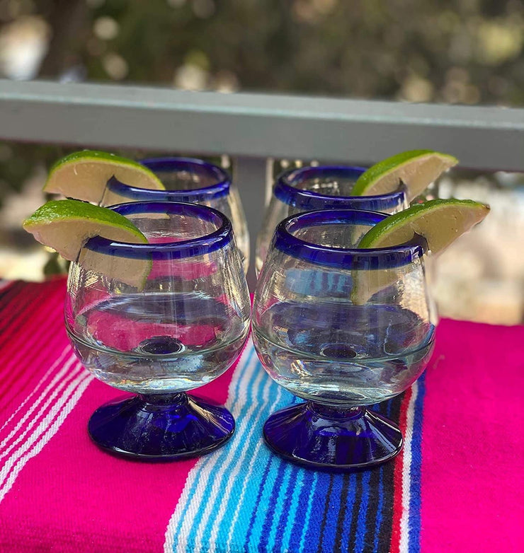 Mexican Hand Blown Glass – Set of 4 Hand Blown Cognac Snifter Glasses - Cobalt Blue Rim - Dos Sueños
