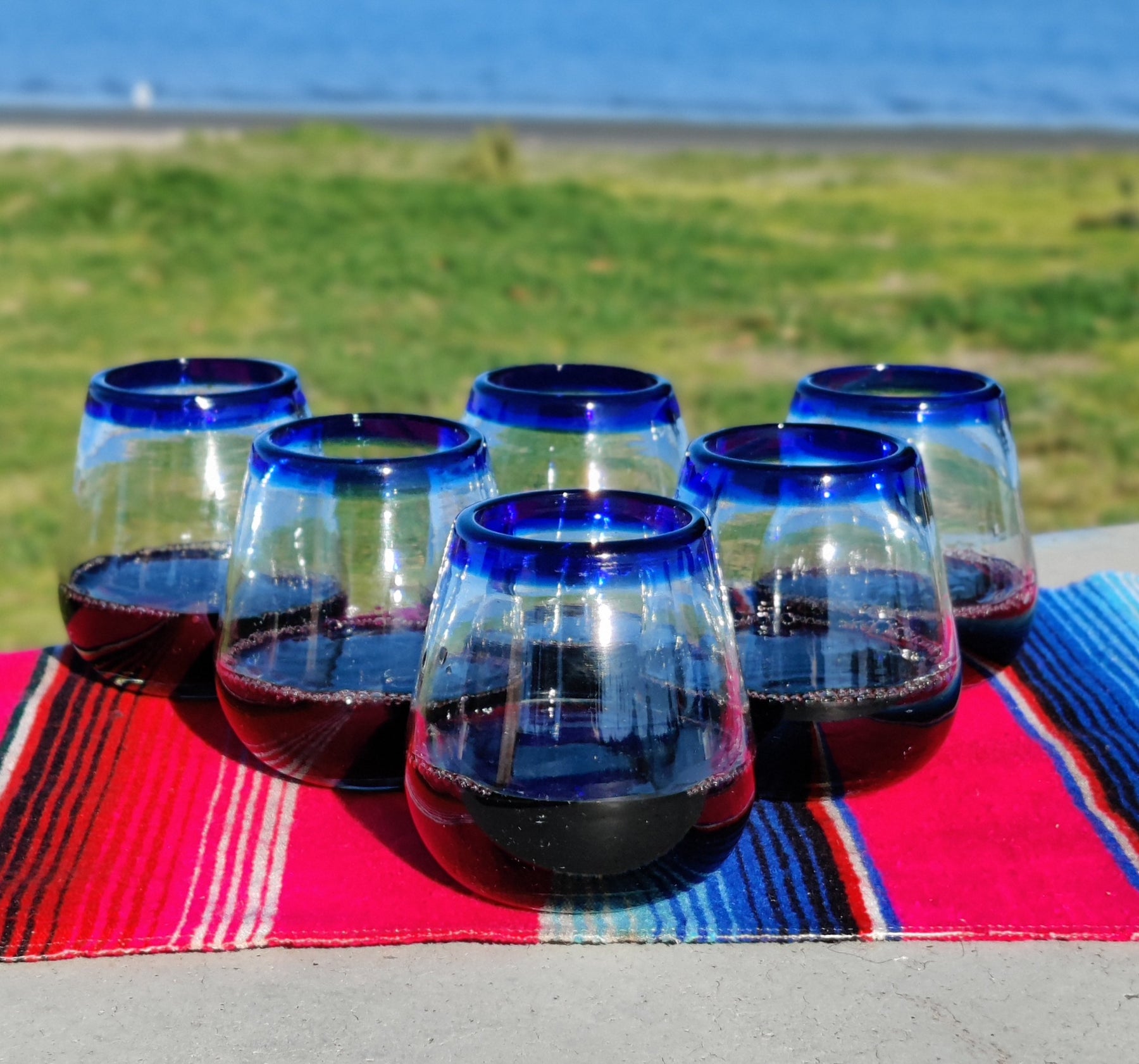 Hand Blown Mexican Stemless Wine Glasses Set of 6 Glasses with Cobal