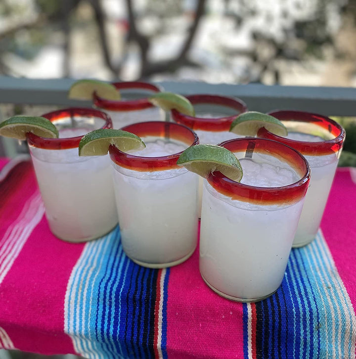 Mundgeblasene mexikanische Trinkgläser – Set mit 6 Gläsern mit rotem Rand (je 360 ​​ml)