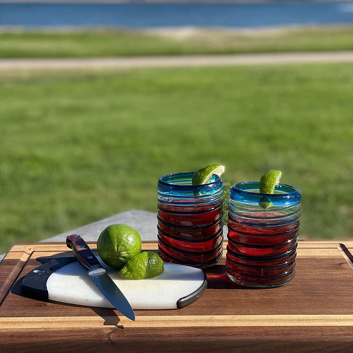 Mundgeblasene mexikanische Trinkgläser – Set aus 6 Trinkgläsern mit Aqua-Spiral-Design (je 274 ml)
