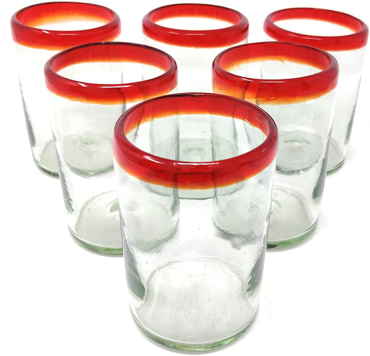 Mundgeblasene mexikanische Trinkgläser – Set mit 6 Gläsern mit rotem Rand (je 360 ​​ml)