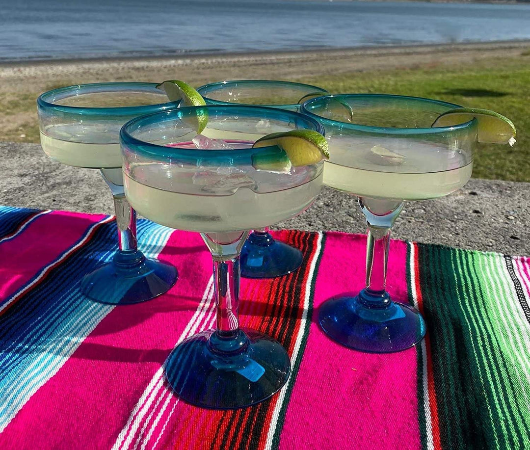 Mexican Hand Blown Glass – Set of 4 Hand Blown Margarita Glasses (16 oz) with Aqua Blue Rims - Dos Sueños
