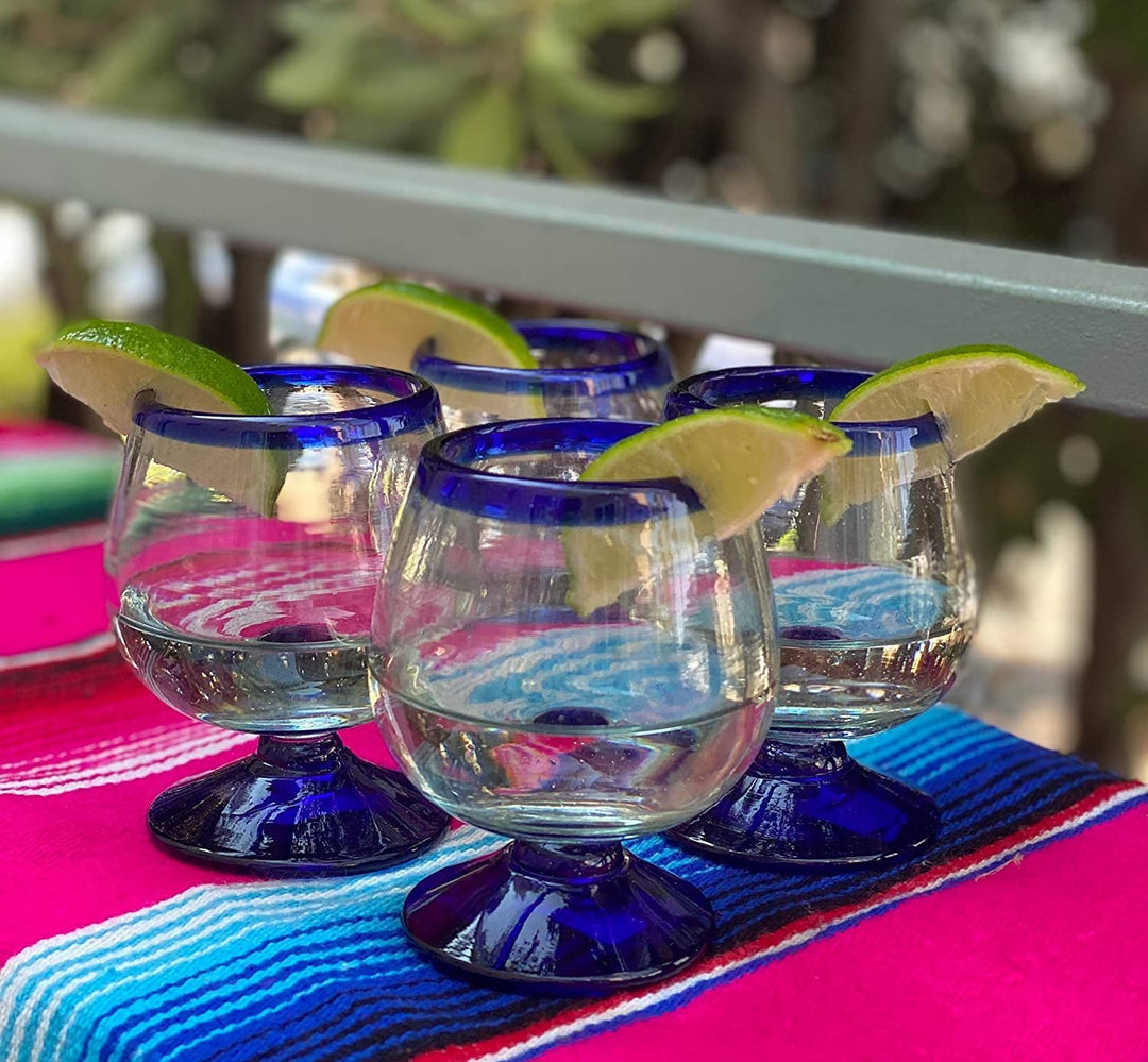 Mexican Hand Blown Glass – Set of 4 Hand Blown Cognac Snifter Glasses - Cobalt Blue Rim - Dos Sueños