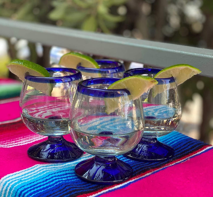 Mexican Hand Blown Glass – Set of 4 Hand Blown Cognac Snifter Glasses - Cobalt Blue Rim - Dos Sueños